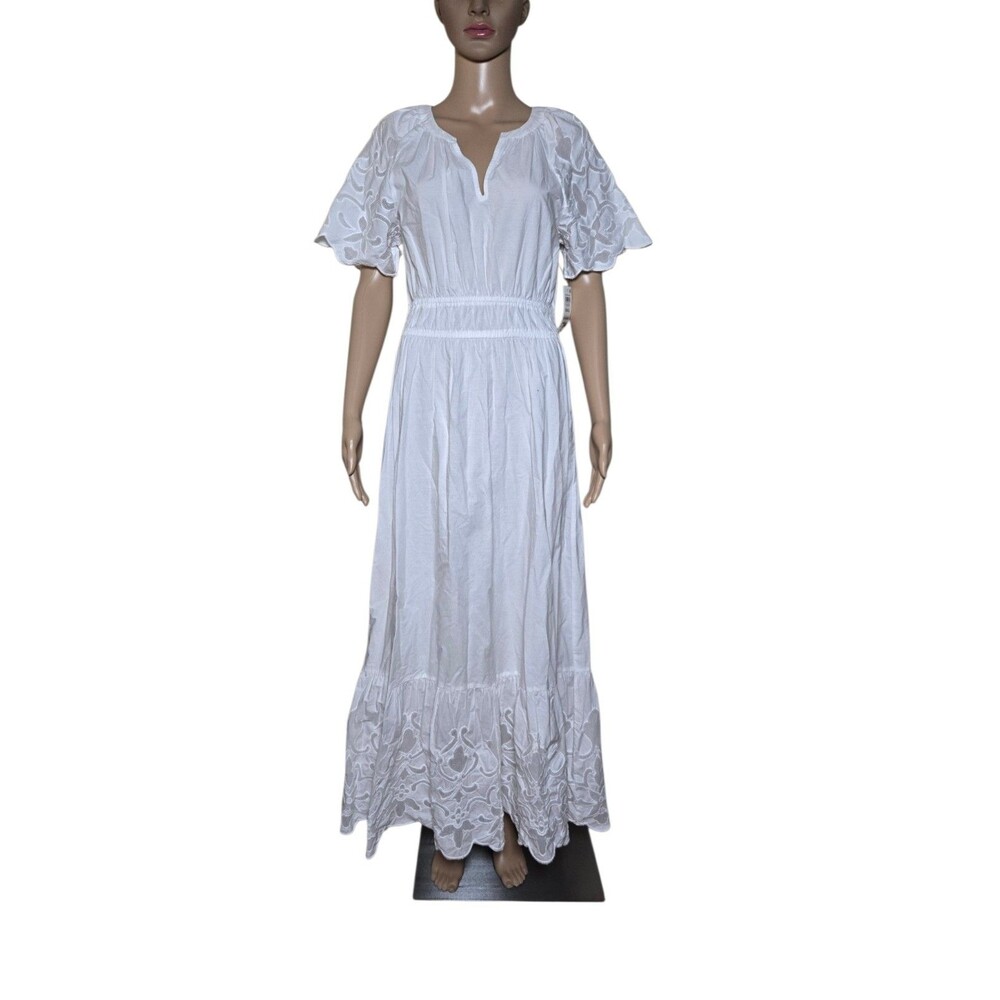 NWT On - 34th Womens White Cotton Lace Trim Summer Maxi Dress Sz S